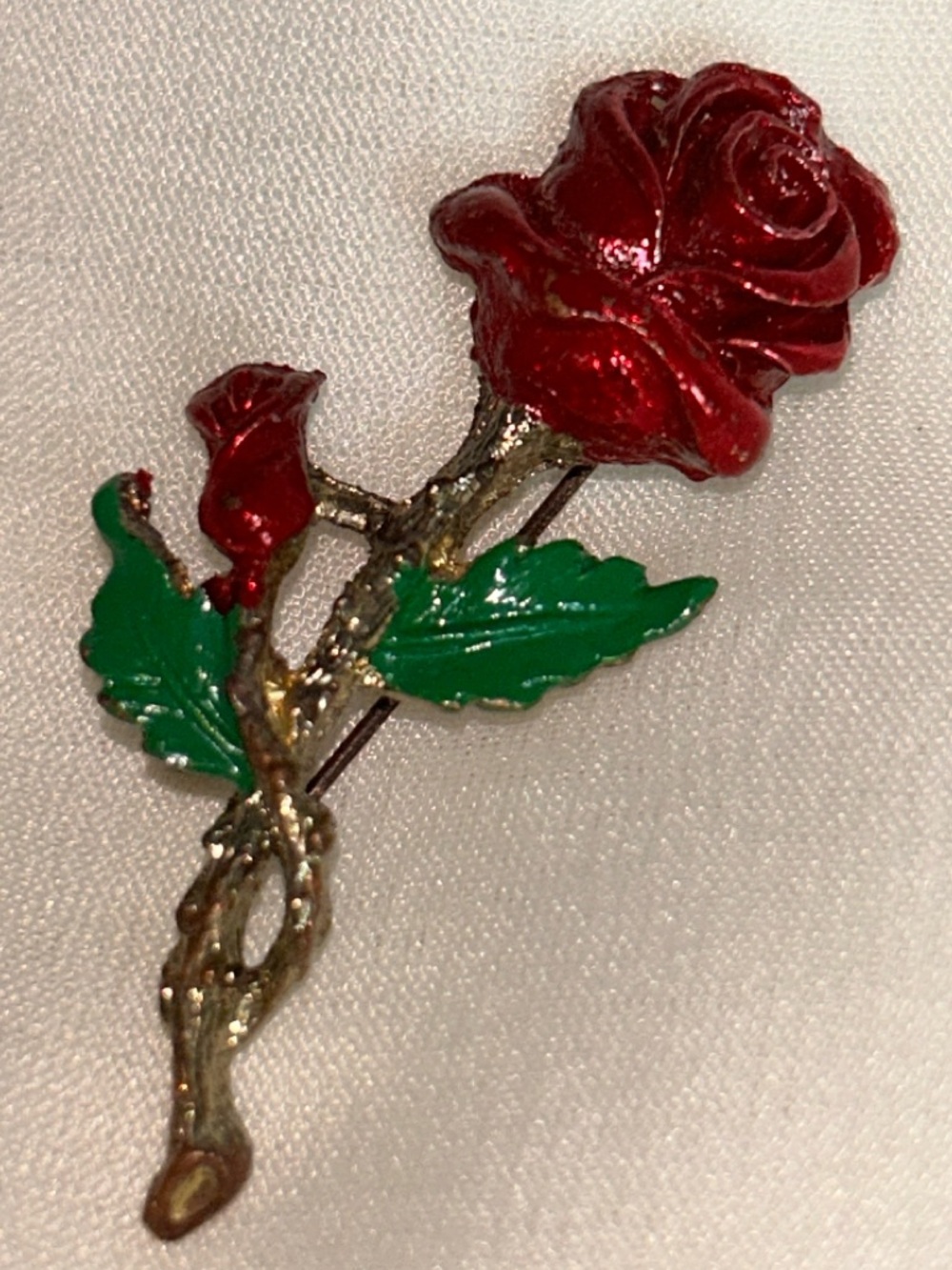 Vintage rose brooch Red And Gold Enamel Rose branch figural figurine pin MCM